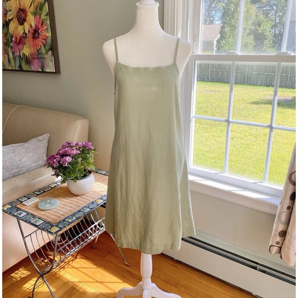 ICHI Linen Blend Mini Dress Sage Green Size 36 Boho Summer Lagenlook Minimalist - Picture 1 of 8